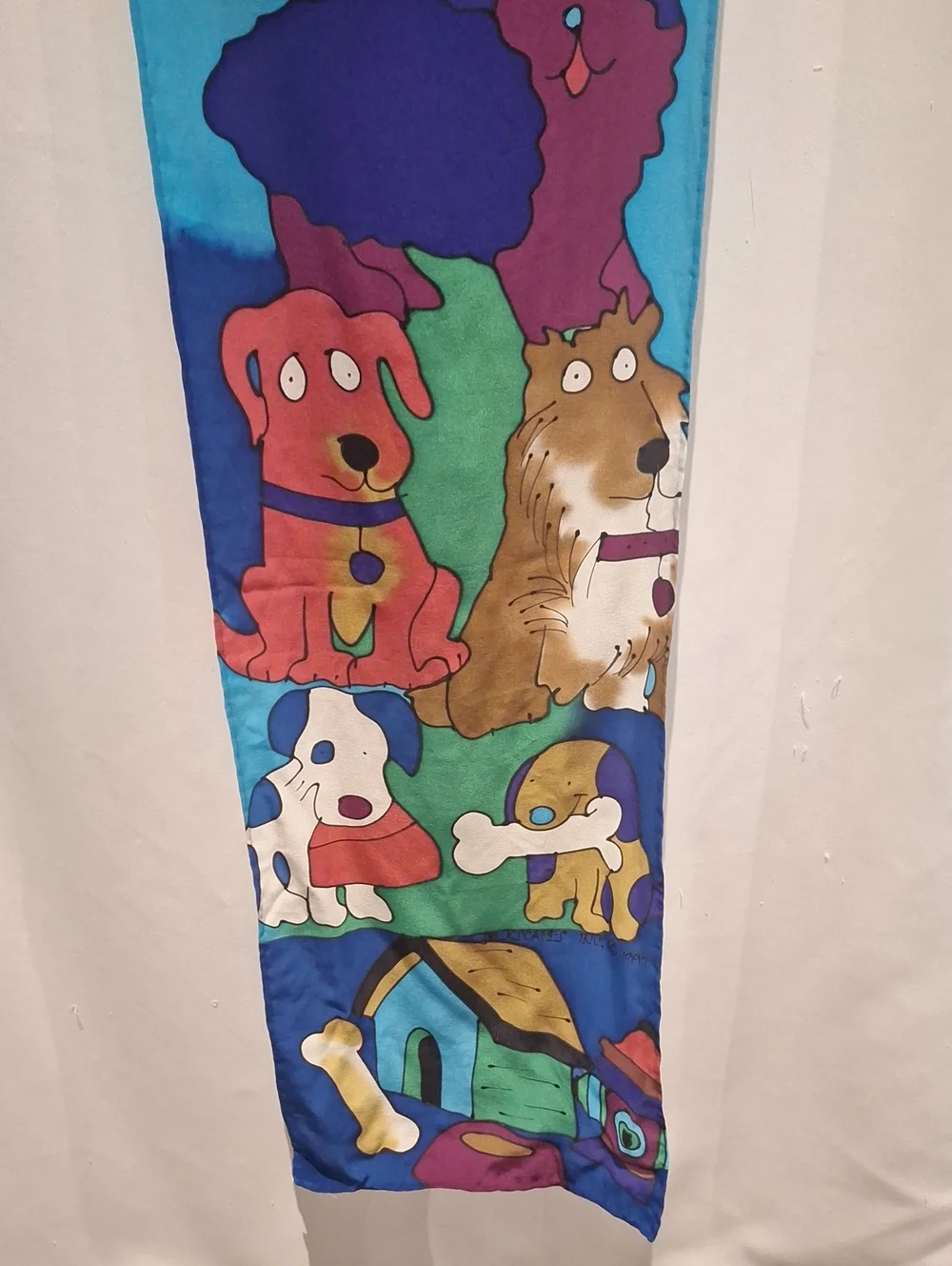 Silkscapes Inc. 1997 Colorful Blue Hand Painted Dog-Themed Pet Silk